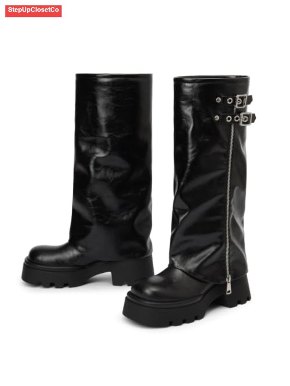 Women's Knee High Moto Riding Boots Foldover Block Heel Platform Faux Leather - Picture 5 of 6